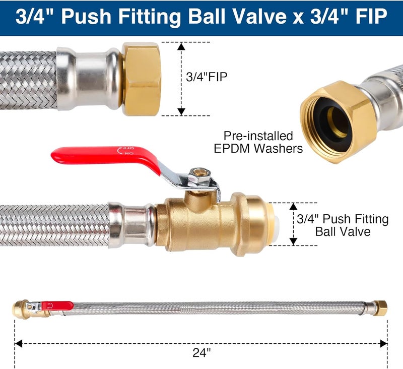 PEVEPEXE Heavy Duty 24" Braided Stainless Steel Hot Water Heater Hose – 3/4 Inch FIP x 3/4 Inch Ball Valve, Push-to-Connect Brass Fitting - Image 2